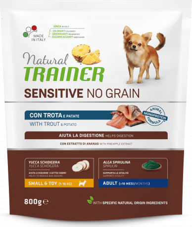 NT DOG SENSITIVE NO GRAIN ADULT MINI TROUT 800 G - Pilnvertīga bezglutēna sausā barība ar foreli pieaugušiem mazo šķirņu suniem
