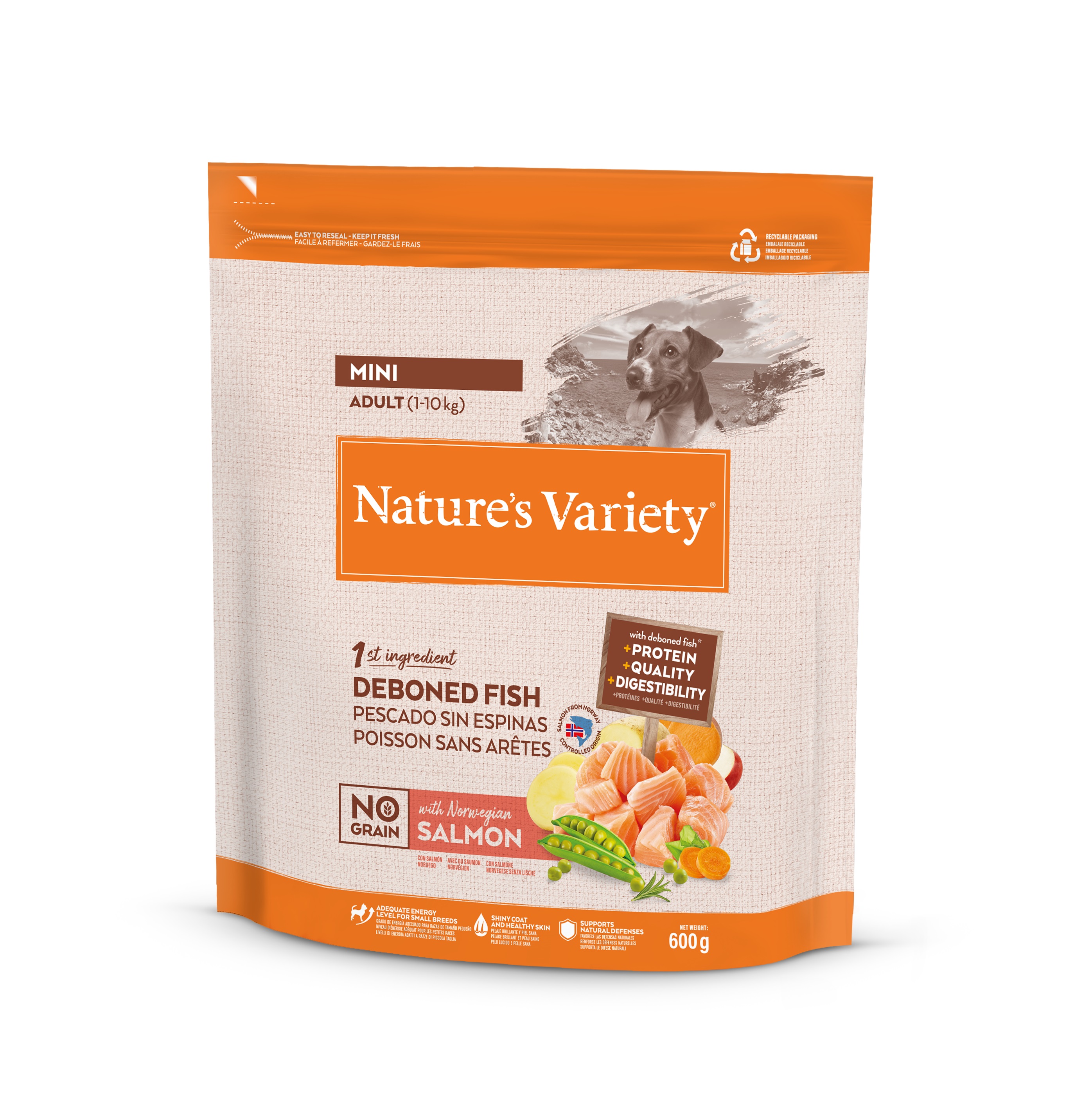 NV Dog No Grain Mini Adult Norwegian Salmon 0.6 Kg - bezgraudu sausā barība ar lasi pieaugušiem mazo šķirņu suņiem