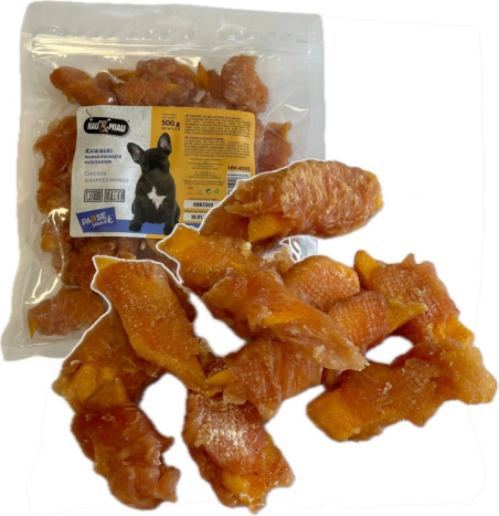 HAU & MIAU chicken wrapped mango 500g - Papildbarība pieaugušiem suņiem, vistas gaļā ietīti mango gabaliņi