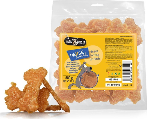 HAU&MIAU meatbones with chicken and rice 500g - papildbarība pieaugušiem suņiem, gardie gaļas kauliņi ar vistu un rīsiem