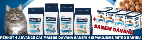 ADVANCE CAT sausās un mitrās kaķu barības komplekts (4 veidi) — pilnvērtīga un sabalansēta sausā kaķu barība (4 veidi) un dāvanā 4 veidu (4 x 12 gab.) konservētas kaķu barības.