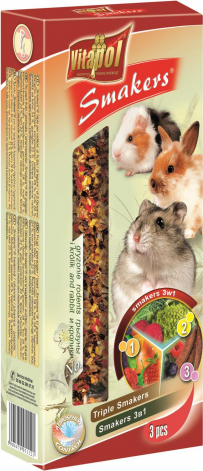 STANDARD Smakers 3in1 for rodents and rabbit 3pcs 135g - Vitapol nūjiņas 3x1 ar augļiem,dārzeņiem un ceratoniju augļiem